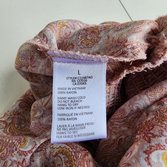 Paper Crane Puff Sleeve Smocked Top V Neck Pink Rose Summer Floral Rayon Sz L - Picture 8 of 11